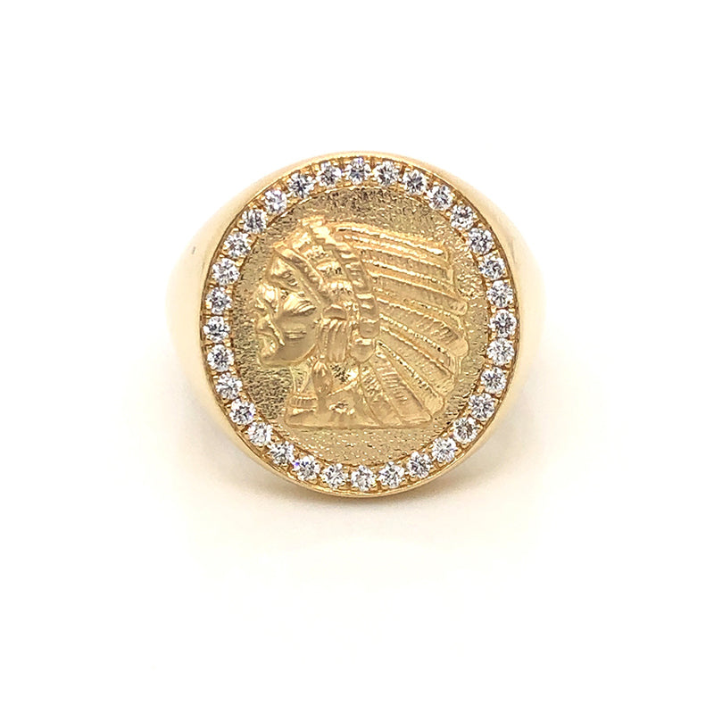 Close-up of 18K yellow gold Indian head coin-style ring with 32 ideal-cut diamonds