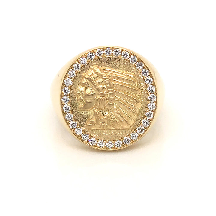 Close-up of 18K yellow gold Indian head coin-style ring with 32 ideal-cut diamonds