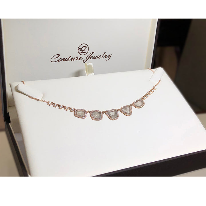 14K Rose Gold Five Diamond Slice Necklace with Diamonds