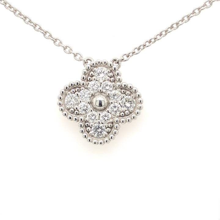 18K White Gold Diamond necklace with a clover-shaped pendant featuring a cluster of small, round diamonds.