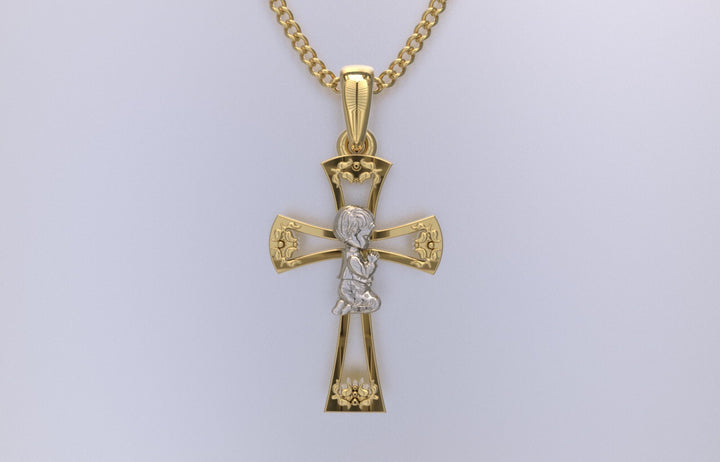 14K Two-Tone Gold Praying Boy Cross Pendant