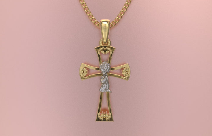 14K Two-Tone Gold Praying Girl Cross Pendant