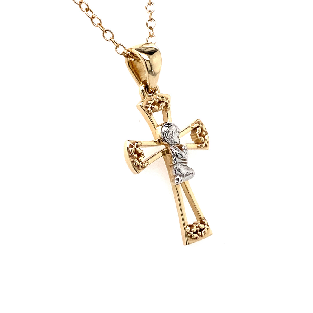 14K Two-Tone Gold Praying Boy Cross Pendant