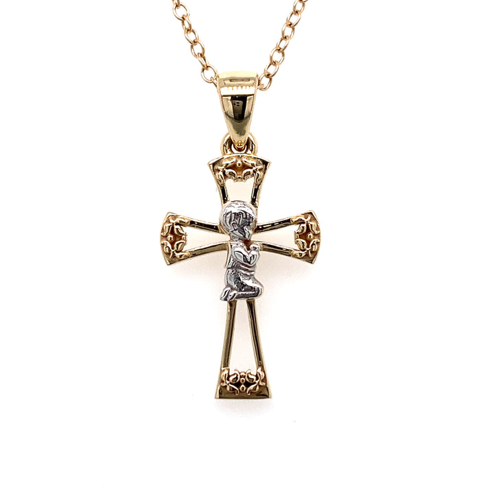 14K Two-Tone Gold Praying Boy Cross Pendant