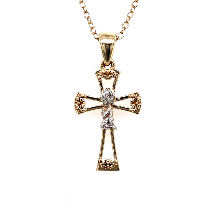 14K Two-Tone Gold Praying Girl Cross Pendant