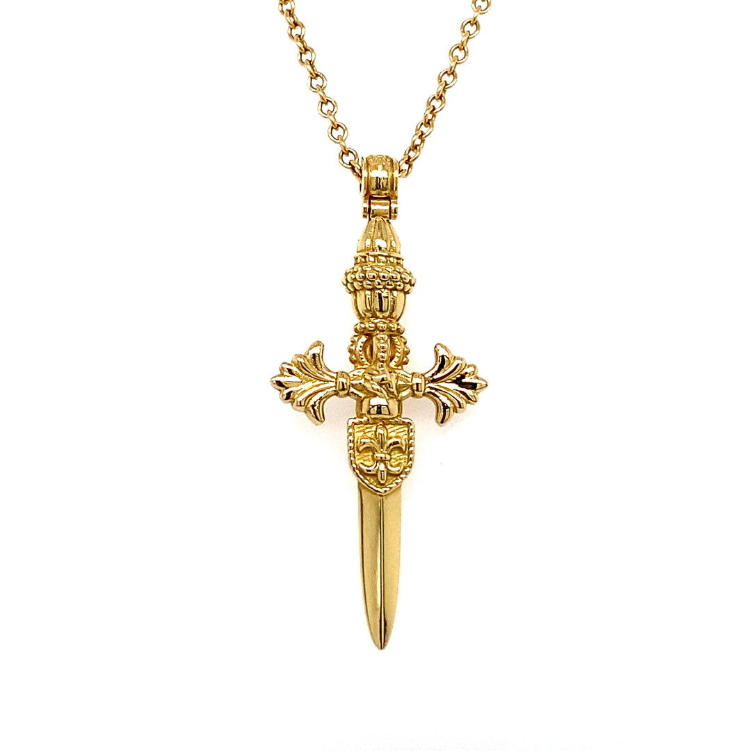 18K yellow gold dagger amulet pendant necklace on 24 inch cable chain