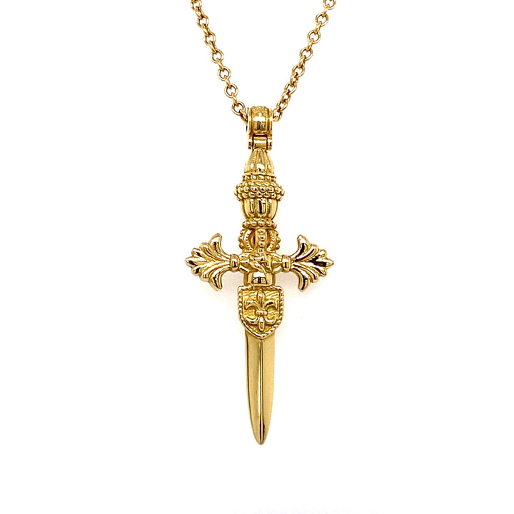 18K yellow gold dagger amulet pendant necklace on 24 inch cable chain