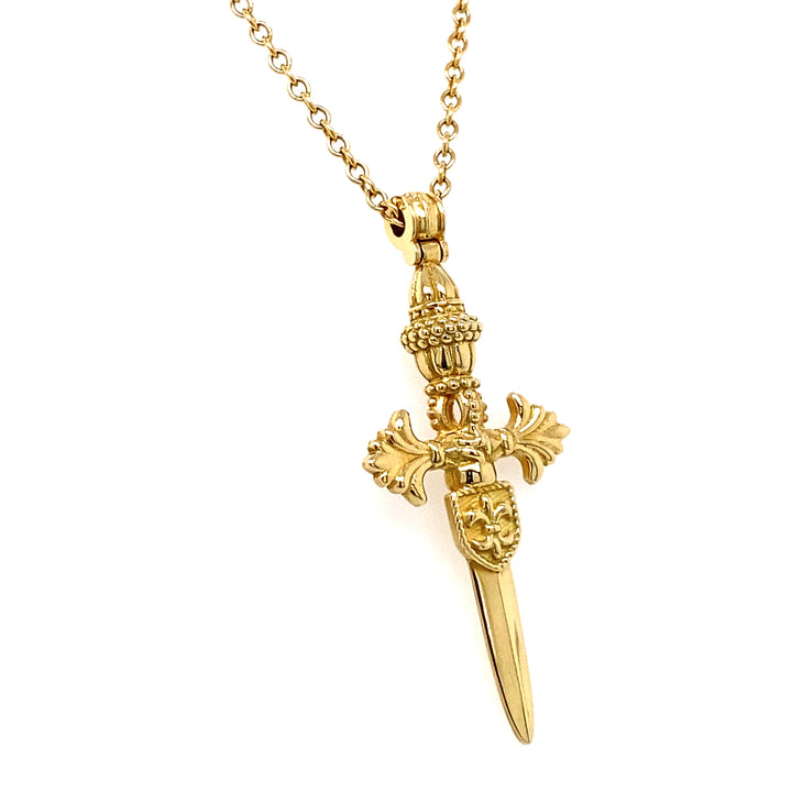Gold dagger amulet necklace with 24 inch 18K yellow gold chain