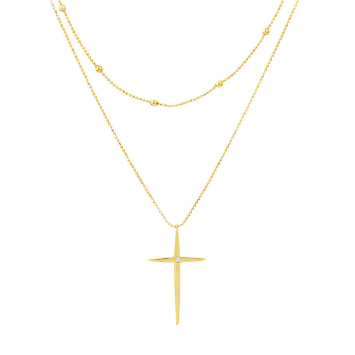 14K Yellow Gold Bead &amp; Diamond Cross Duo Necklace