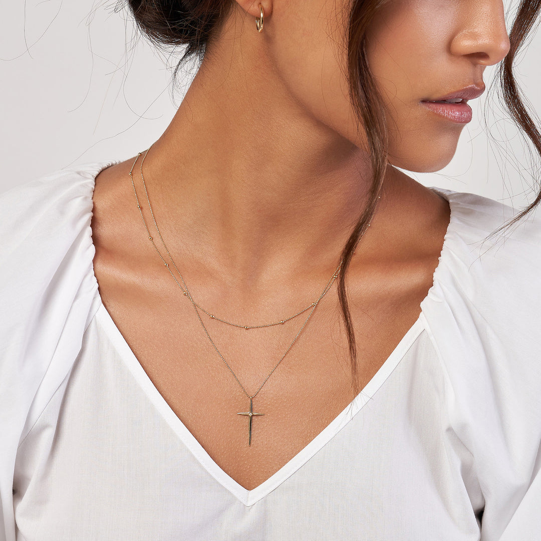 14K Yellow Gold Bead &amp; Diamond Cross Duo Necklace