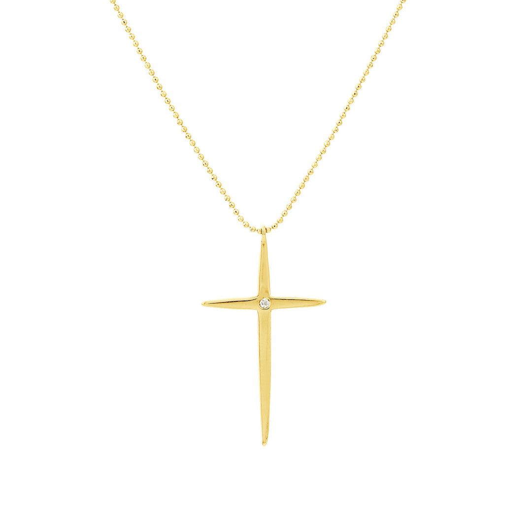 14K Yellow Gold Bead &amp; Diamond Cross Duo Necklace