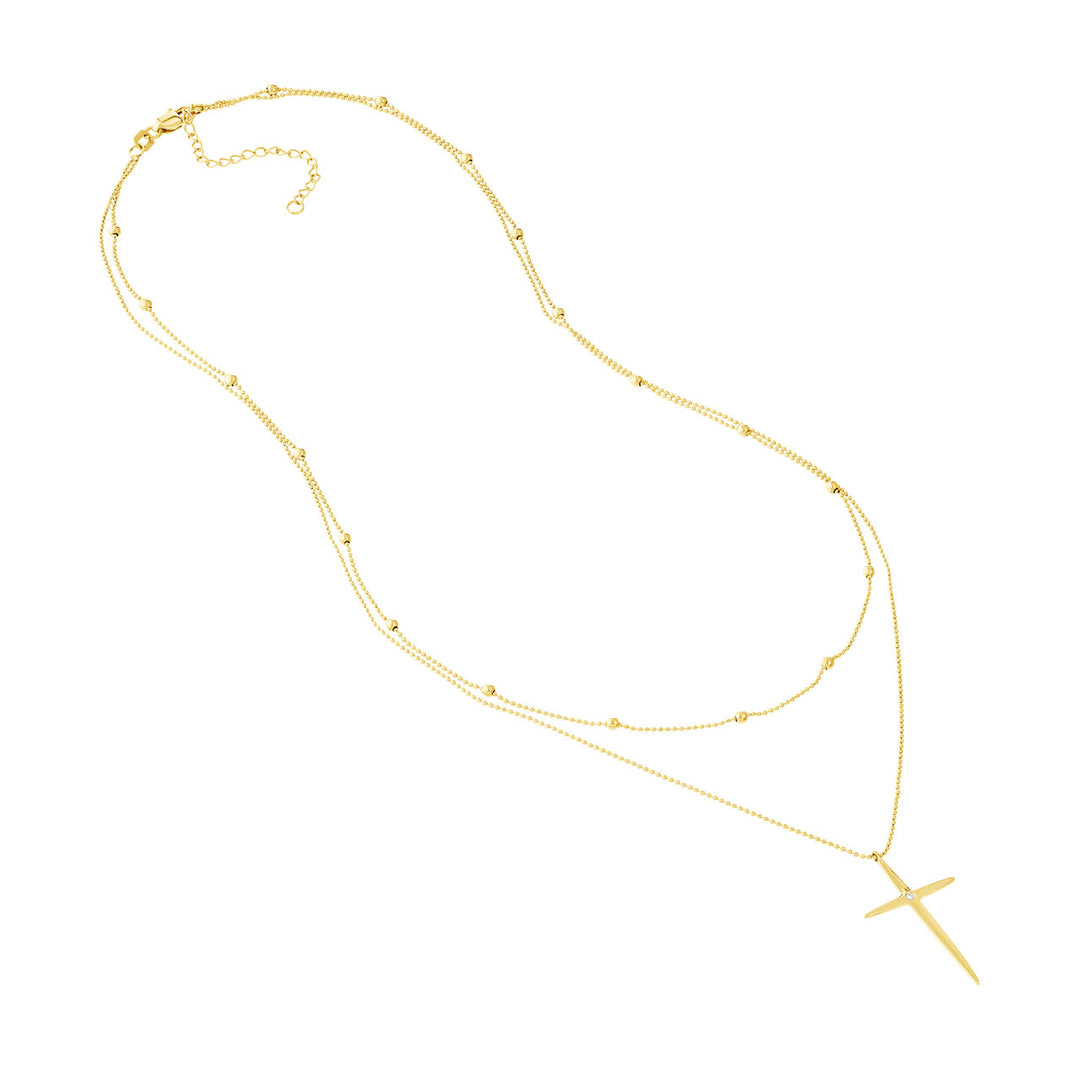 14K Yellow Gold Bead &amp; Diamond Cross Duo Necklace
