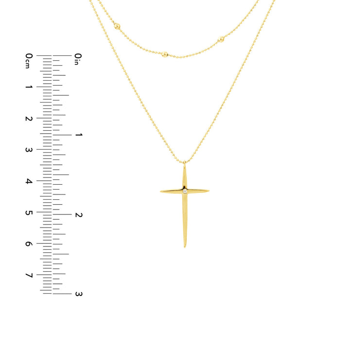 14K Yellow Gold Bead &amp; Diamond Cross Duo Necklace