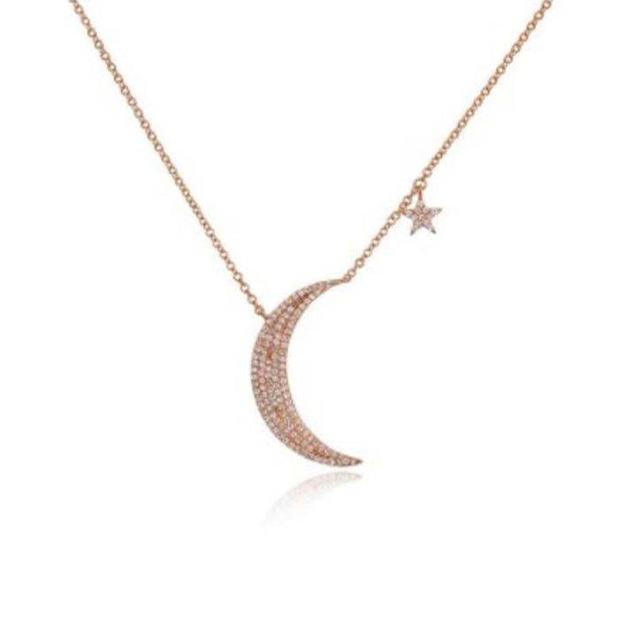 14K Rose Gold Diamond Moon &amp; Star Pendant Necklace