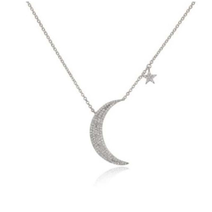 14K White Gold Diamond Moon &amp; Star Necklace