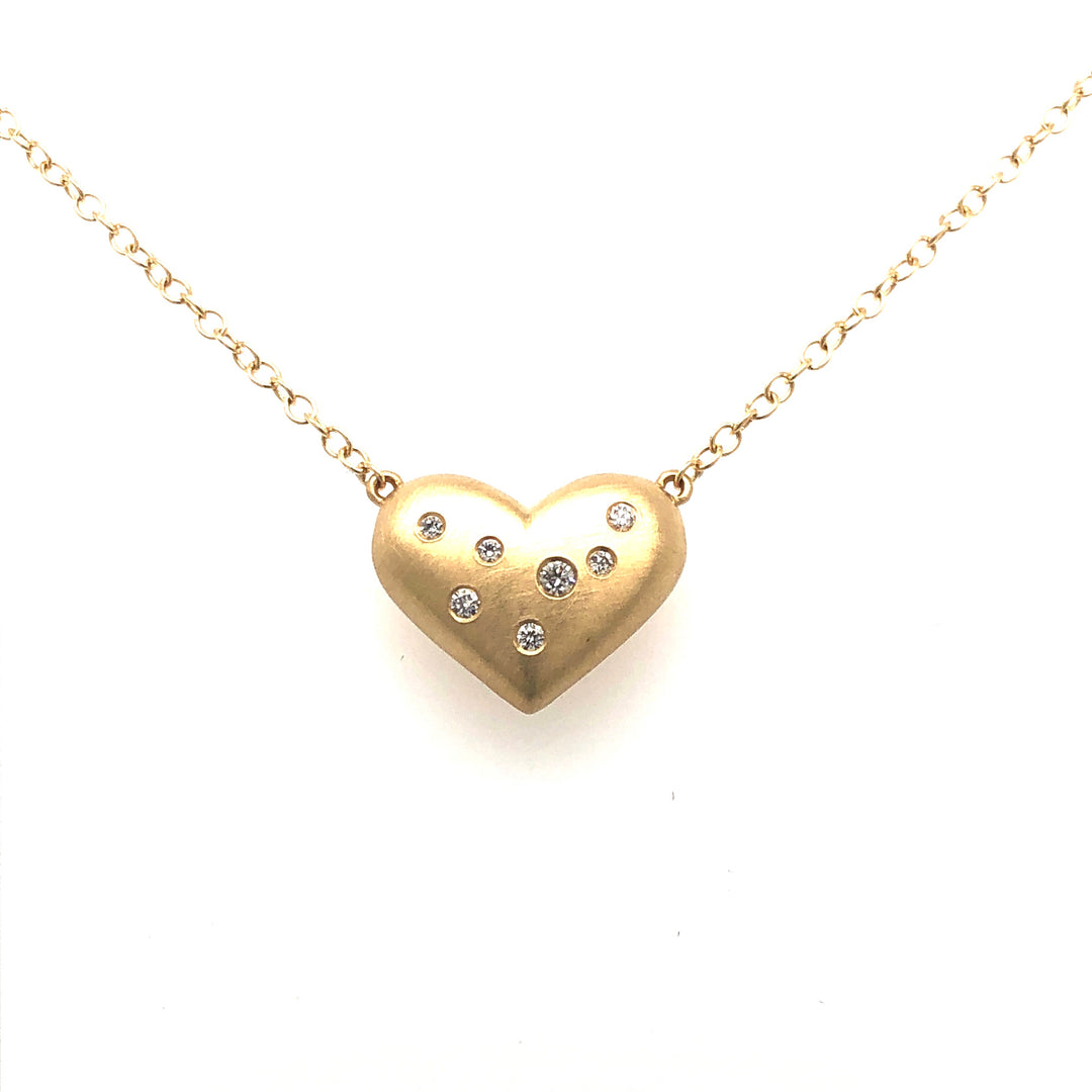 18K Yellow Gold Matte Heart Diamond Necklace