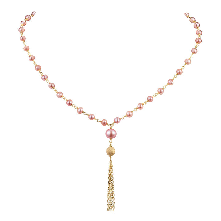 14K Yellow Gold Pink Freshwater Pearl Fringe Necklace