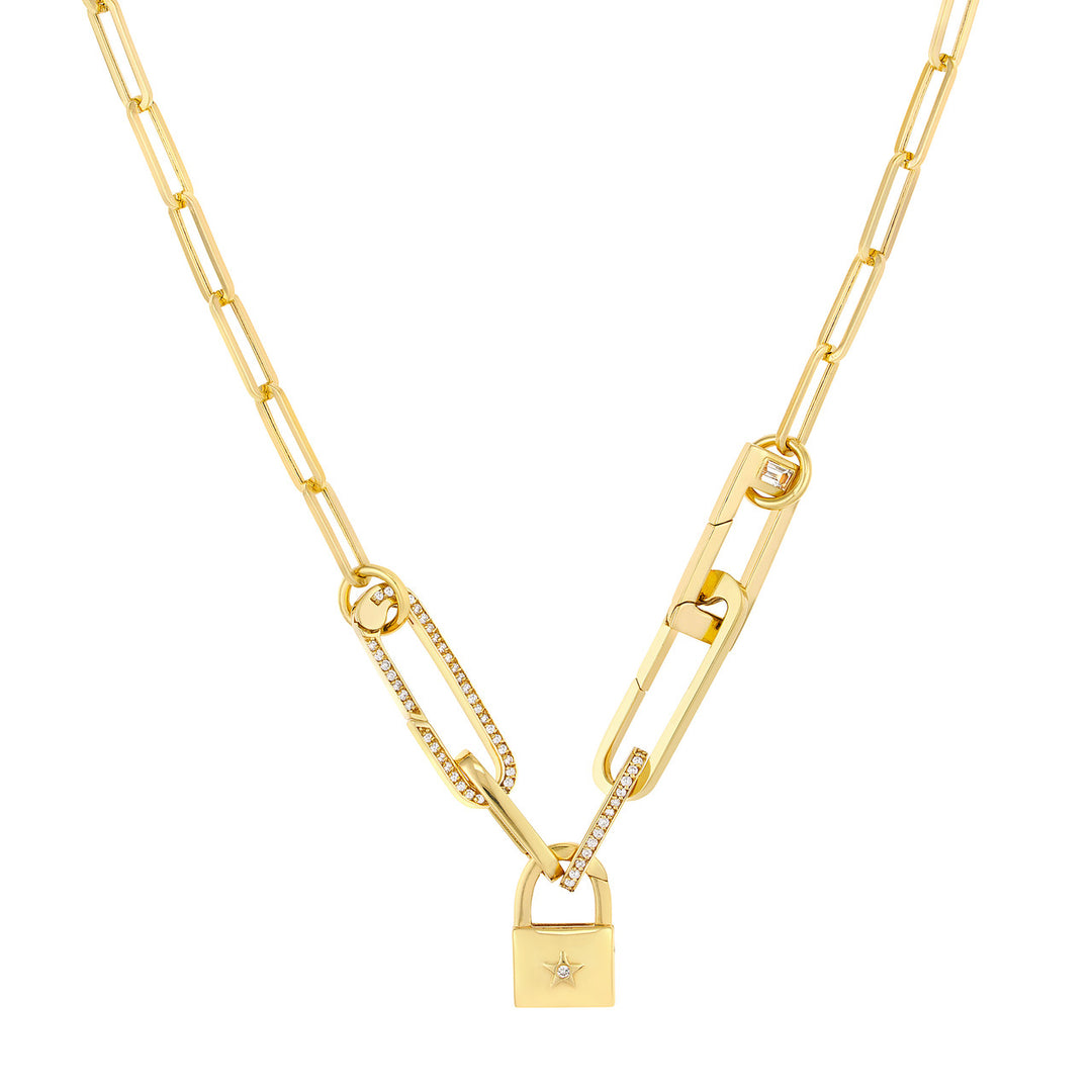 14K Yellow Gold Padlock Push Lock Connector with Diamond Star