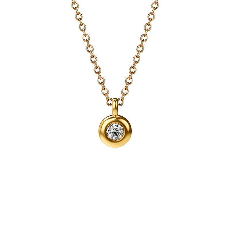 18K Yellow Gold Bezel Diamond Pendant set with a diamond, attached to a gold chain.
