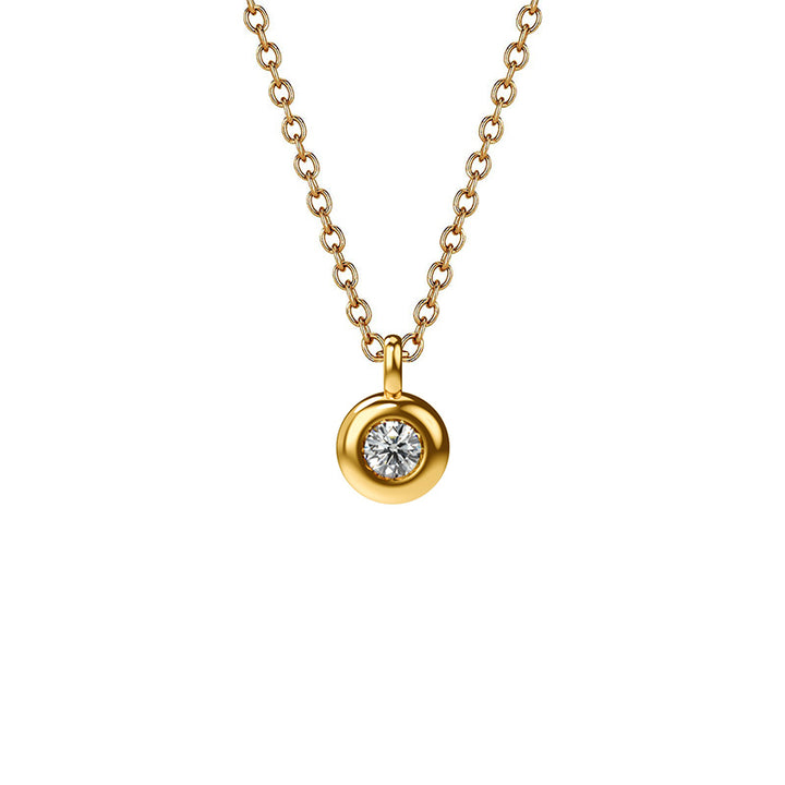 18K Yellow Gold Bezel Diamond Pendant set with a diamond, attached to a gold chain.
